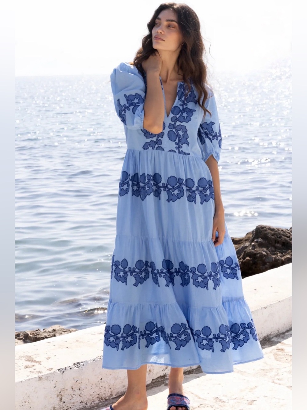 NWT Oliphant Puff Maxi Dress Tangier Blue Embroidered Floral Size Large Boho